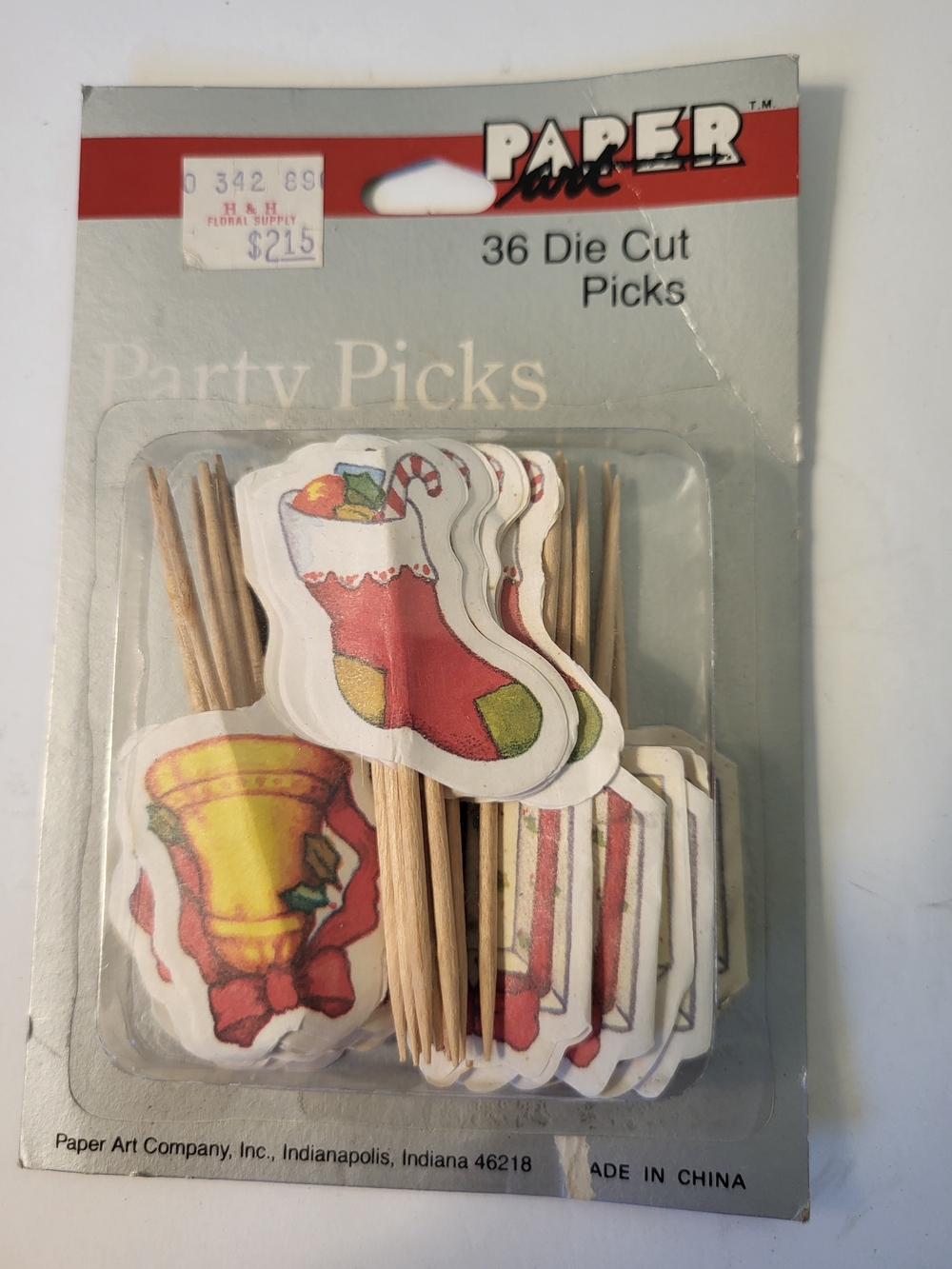 1980s NOS Paper Art Party Picks - PresentRed Stocking & Bell Holiday (36 Count)